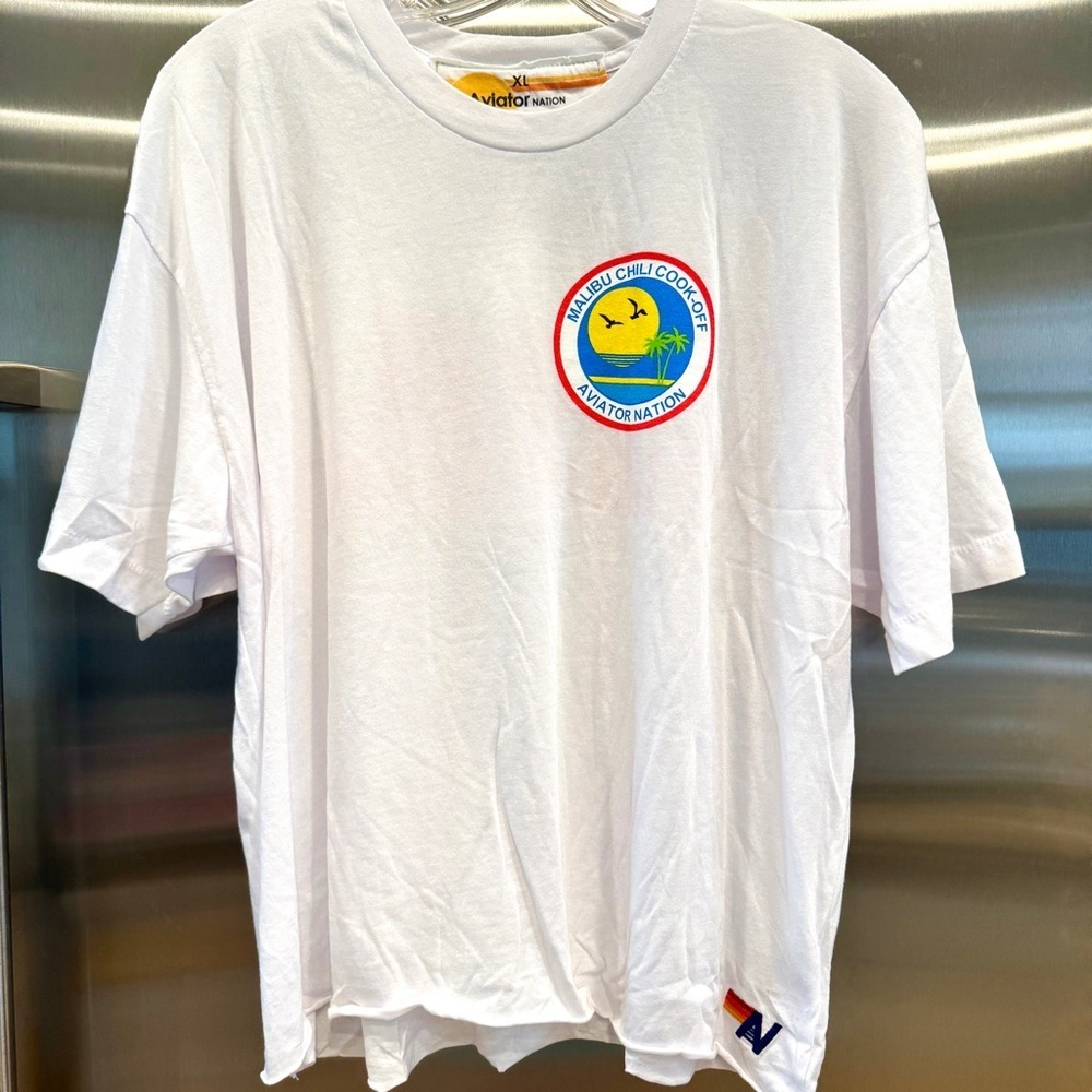 NWT Aviator Nation Malibu Chili Cook Off White Boyfriend Tee Shirt 2023 Collab
